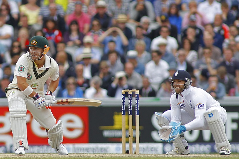 MANCHESTER, ENGLAND - August 04 2013: David Warner batting during day four of  the Investec Ashes 4th test match at Old Trafford Cricket Ground, on August 04, 2013 in London, England.