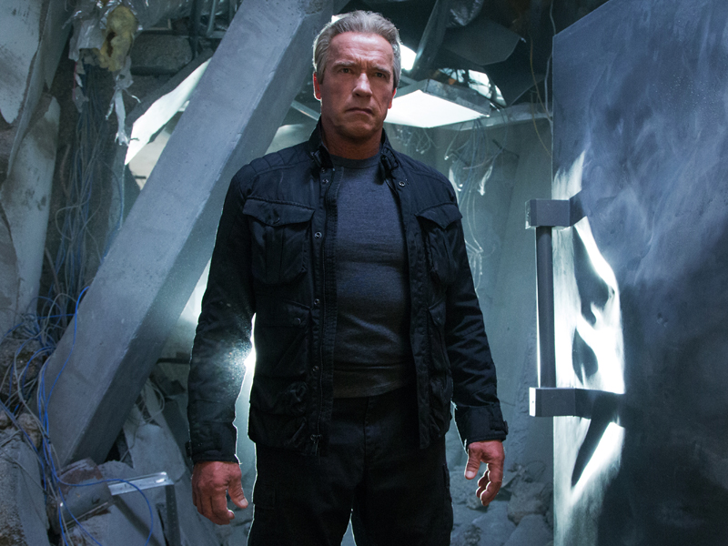 This photo provided by Paramount Pictures shows, Arnold Schwarzenegger as the Terminator, in "Terminator Genisys," from Paramount Pictures and Skydance Productions. (Melinda Sue Gordon/Paramount Pictures via AP)