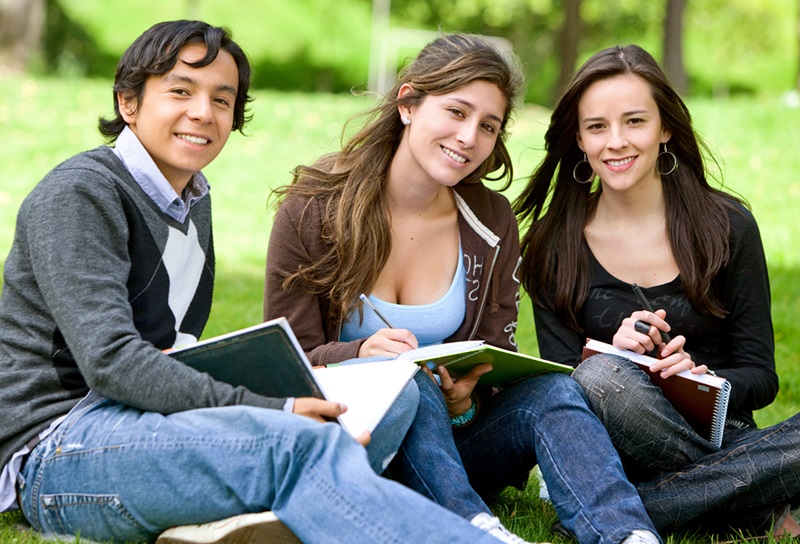 college or university students studying outdoors s